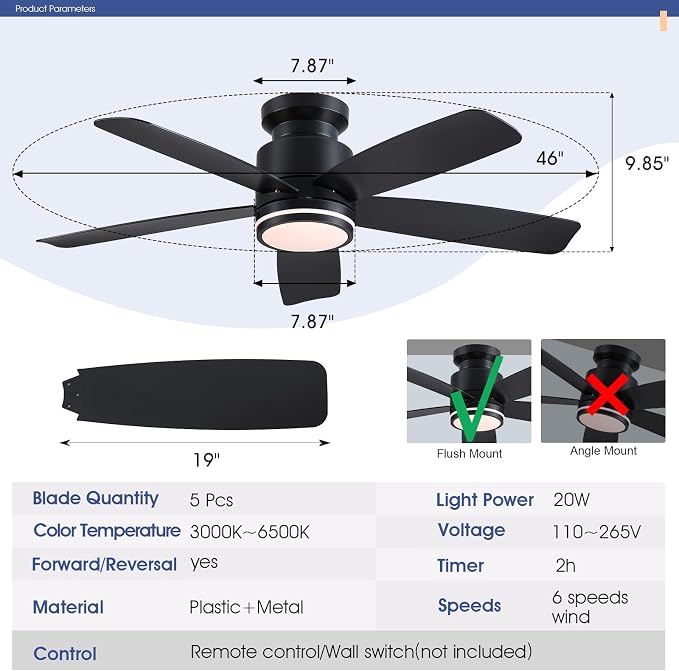 Wiviniya 46 Inch Black Flush Mount Ceiling Fan with Light, 5 Blades Reversible Fan, 6-Speed & 2-Hour Timer, Remote Control, 3 CCT Dimmable for Living Room Bedroom
