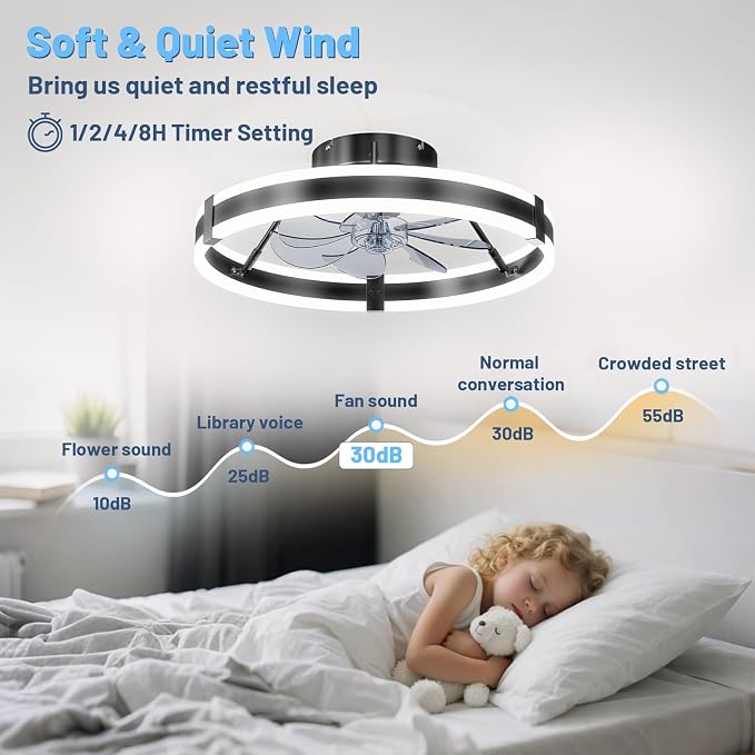 19.7" Low Profile Bladeless Ceiling Fan withLights & Remote -Flush Mount Fandelier LightFan for Bedroom/Kitchen, 3000-6000KDimmable LED, 6-Speed Modern Fan withLights for Home/Office