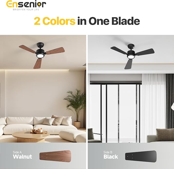 Ensenior 42 Inch Ceiling Fans with Lights and Remote, Small Bedroom Ceiling Fan with 3 Reversible Blades (Black/Wood), Quiet DC Motor, 6 Speeds, 3 Color, Memory Function, Modern Fan for Home, Black