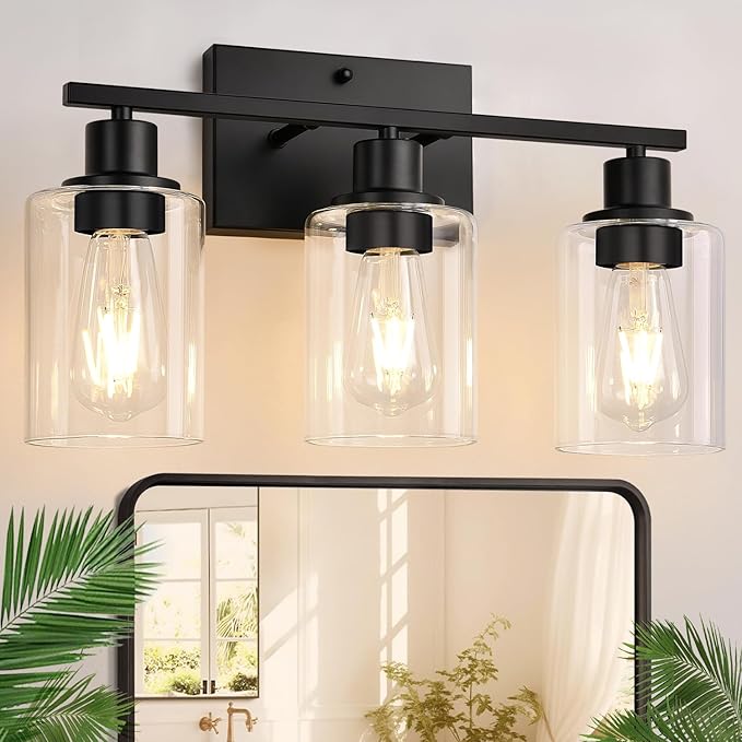 Indoi 3-Light Bathroom Light Fixtures, Matte Black Modern Vanity Lights with Clear Glass Shades, Bathroom Wall Lamp for Mirror Living Room Cabinet Bedroom Porch