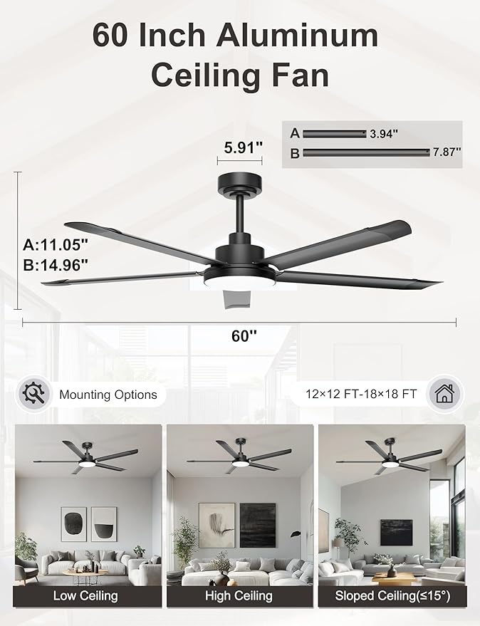 Ohniyou 60'' Ceiling Fan with Lights, Industrial Ceiling Fan with 5 Aluminum Blades, App/Remote Controlled, Dimmable, for Outdoor Patio, Garage, Black