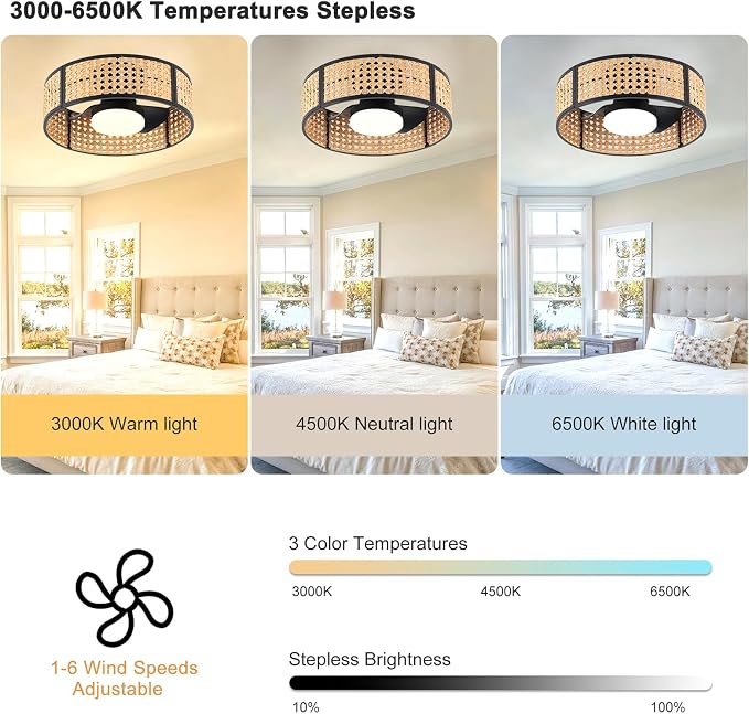 Ganeed 20" Handwoven Rattan Boho Ceiling Fans with Lights, Dimmable RGB LED Wicker Caged Ceiling Fan with Light and Remote, 6 Speed/Reversible Motor Rattan Fandelier for Bedroom Dining Room Nursery