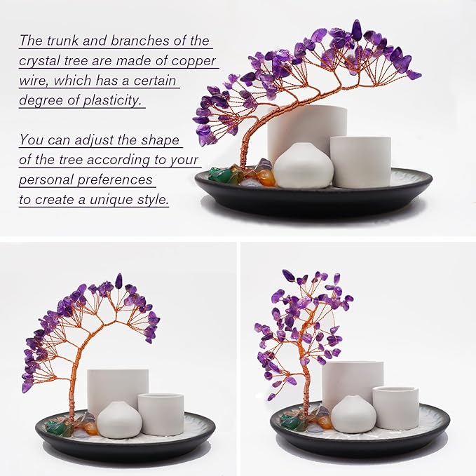 5 in 1 Incense Burner Holder with Crystal Tree for Burning Palo Santo Stick, Sage, Incense Sticks, Candle, Ceramic Tray Ash Catcher, Meditation Gift (Purple)