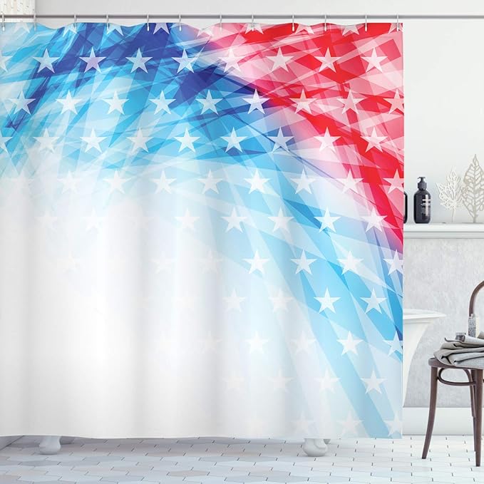 Ambesonne American Shower Curtain, United States of America National Flag Sketch with State Stars White Stripe Theme, Cloth Fabric Bathroom Decor Set with Hooks, 69" W x 84" L, Blue Red