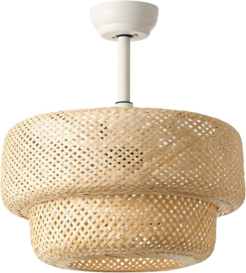 SYDACG Boho Ceiling Fans with Lights, 20" Rattan Ceiling Fan with Light Remote Control, Caged Fandelier with 6 Speeds for Bedroom, Nursery, Living Room