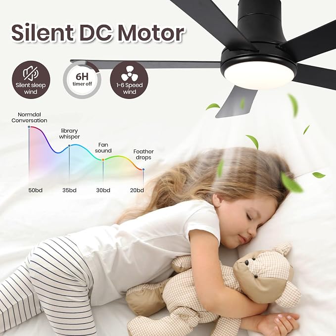 52 Inch Ceiling Fans with Lights and Remote, Flush Mount Black Ceiling Fan, 5 Blades, Dimmable, Reversible Motor, 3-Color Temperatures, 6 Speeds for Bedroom, Living Room, Patio