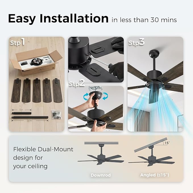 Obabala 52 Inch Ceiling Fan No Light, Modern Black Ceiling Fan Without Light with Remote & APP, Quiet Reversible DC Motor, 6-Speeds, for Living Room, Bedroom, Patio (Black+Brown)