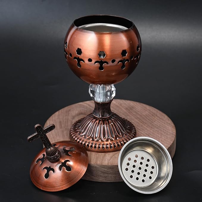Nazareth Store Incense Burner Charcoal Polished Brass Censer Christian Church Incense Holder Incense Cones Cross 7.9" Aromatherapy Fragrance Ornament (Bronze)