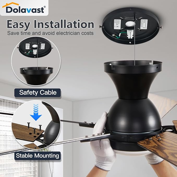 Ceiling Fans with Lights, 52 Inch Low Profile Ceiling Fan with Light and Remote Control, Flush Mount, Reversible, 3CCT, Dimmable LED, Quiet, Black Ceiling Fan for Bedroom, Living Room