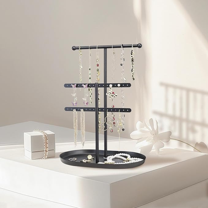 Saydear 3-Tier Jewelry Organizer Stand, Earring Holder Necklace Tree | Black Metal Earring Rails With Top Necklace Bar, Oval Tray Base, Ideal Vanity Dresser Decor, Gift For Her