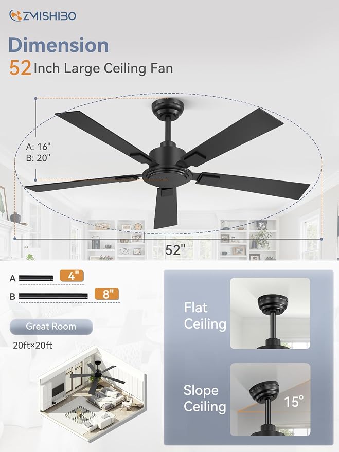 ZMISHIBO 52 Inch Ceiling Fan No Light with Remote Modern Black Ceiling Fan with Quiet Reversible DC Motor,6-Speeds 5 Blades, Indoor/Outdoor Ceiling Fans Without Light for Patios, Living Room, Garage