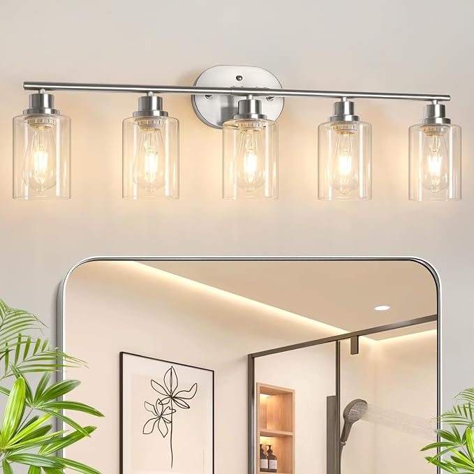 Unicozin Bathroom Light Fixtures, 5 Light Vanity Lights for Bathroom, Brushed Nickel Wall Lamp with Clear Glass for Mirror, Living Room, Hallway, Cabinet, E26 Base