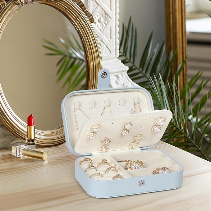 Hatori Travel Jewelry Box, PU Leather Small Jewelry Organizer for Women Girls, Double Layer Portable Mini Travel Case Display Storage Holder Boxes for Stud Earrings, Rings (Light Blue)