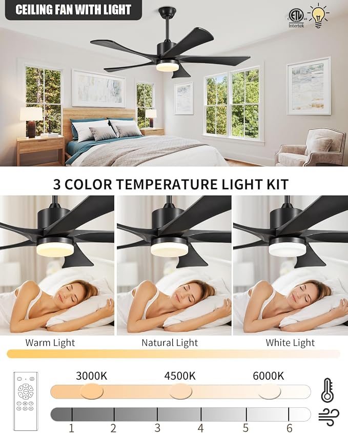 52 Inch Ceiling Fans with Light Remote, Black Ceiling Fan USA Original Patent, 3 Downrods, 5 Wood Blades,ETL Listed, 6 Speed Quiet DC Motor Outdoor Indoor Fan for Bedroom, 52" Black