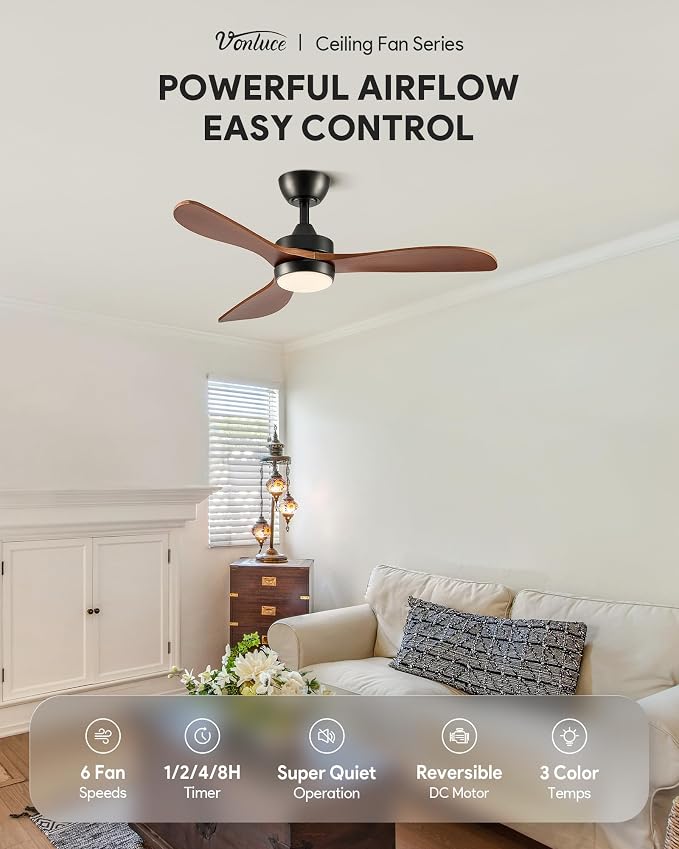 VONLUCE Wood Ceiling Fan with Lights, 42 Inch Ceiling Fan and Remote, 6-Speeds Quiet Reversible DC Motor, 3CCT, 3 Blades Outdoor Ceiling Fan for Patios Farmhouse, Black