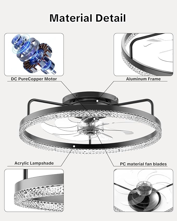 AIKVSXER Ceiling Fan with Lights and Remote, 20in Modern Ceiling Fans | 3000K-6500K Smart Ceiling Fans with Lights, Low Profile Flush Mount Ceiling Fan with Light, Quiet Ceiling Fan for Bedroom