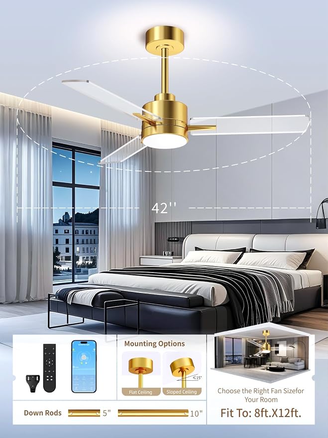 LANMEL 42 Inch Metal Ceiling Fan with Light, Modern Flush Mount Low Profile with Remote Control, Reversible, 3cct Dimmable, Quiet, Gold Transp LED for Bedroom, Living Room, Indoor/Outdoor Patio Use