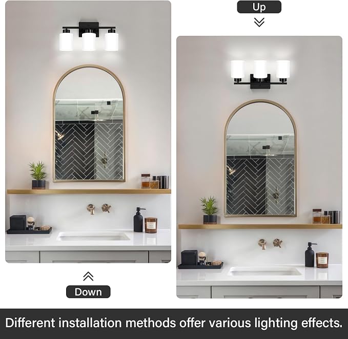 FonmYim Black Bathroom Light Fixtures, 3-Light Modern Vanity Light Over Mirror, Wall Sconces with Milky White Frosted Glass Shades, E26 Socket (Bulbs Not Included)