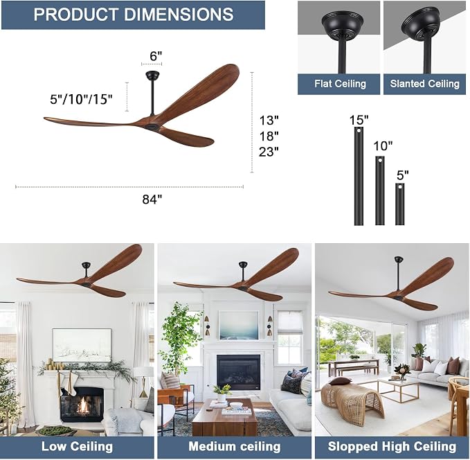 ABZ Wood Ceiling Fans without Lights, 84 Inch Extra Large Ceiling Fan no Light with Remote, High CFM Indoor Outdoor Ceiling Fan no Light Propeller for Patios Farmhouse Garage