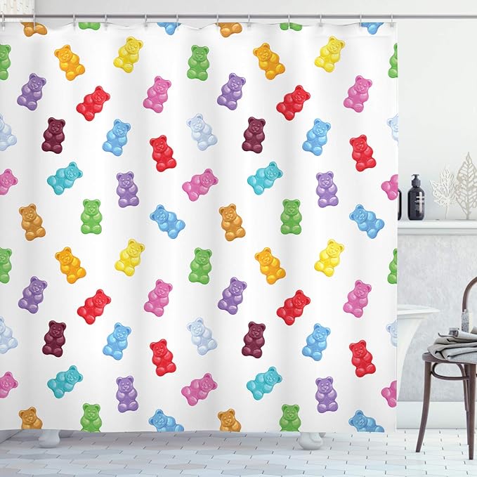 Ambesonne Sweets Shower Curtain, Colorful Gummy Bears Candy Yummy Jelly Playroom Theme, Cloth Fabric Bathroom Decor Set with Hooks, 69" W x 70" L, Pastel Yellow
