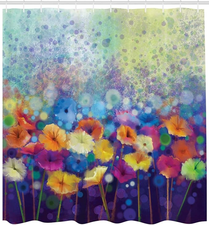 Ambesonne Spring Shower Curtain, Abstract Floral Petals in Misty Tones Daisy Gerbera Dandelion Blossom Meadow Paint, Cloth Fabric Bathroom Decor Set with Hooks, 69" W x 75" L, Purple Mint