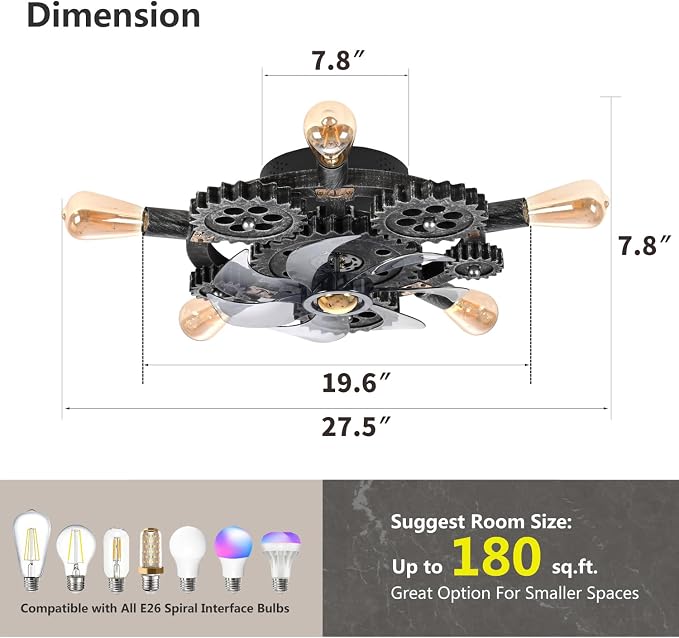 20" Retro Industrial Steampunk Ceiling Fans with Lights and Remote,Low Profile Flush Mount Bladeless Ceiling Fan with Light,Nautical Style 6 Speeds for Bedroom Kitchen Island Bar Cafe