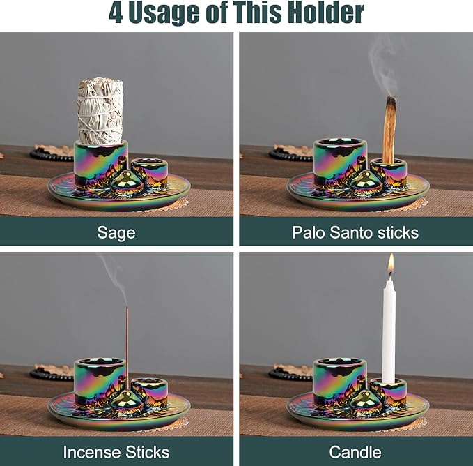 Incense Holder, Palo Santo Holder, Incense Holder for Sticks, 4 in 1 Ceramic Ash Catcher Tray for Smudge Meditation Yoga