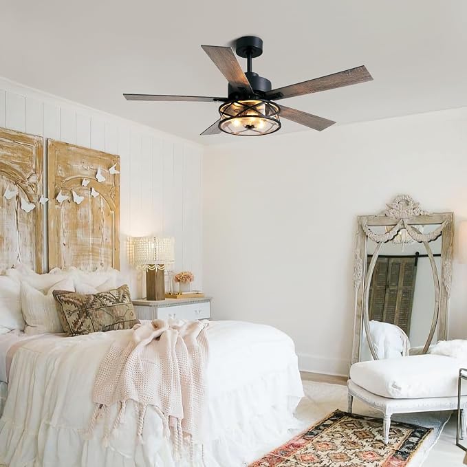 Farmhouse Ceiling Fan with Lights 52 Inch Caged | Bubble glass shade farmhouse fandelier with walnut blades, quiet DC motor, remote, 6 speeds, timer for stylish living spaces.