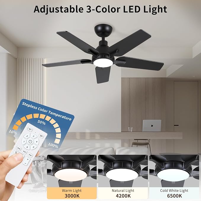 42 Inch Ceiling Fan with Light and Remote Control, Black | 6-Speed Quiet Reversible DC Motor, 3CCT Dimmable 24W LED Light,5 Wood Blades,Used for Bedroom, Living Room, Covered Patio