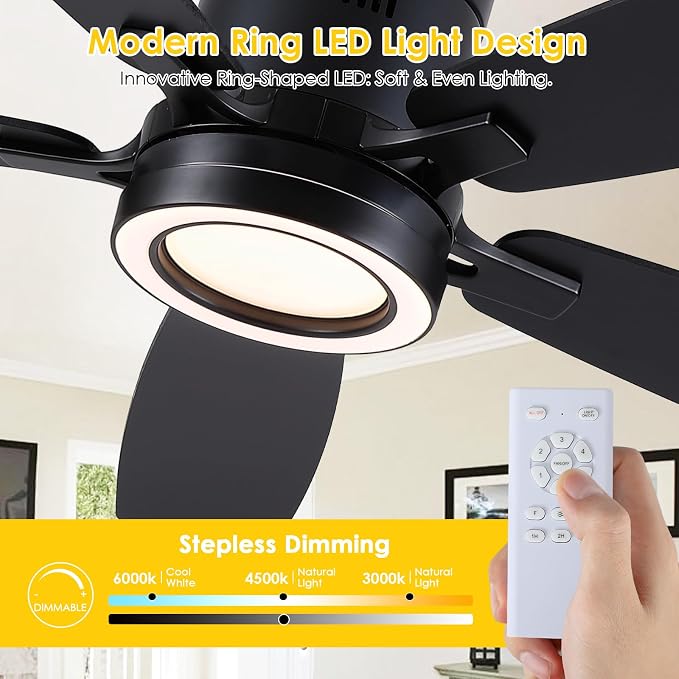 52 Inch Modern Ceiling Fans with Lights Flush Mount Indoor, Black | Low Profile, Dimmable LED, Reversible, Quiet DC Motor, Wooden Blades, for Modern Apartment Bedroom Home Office Living Room