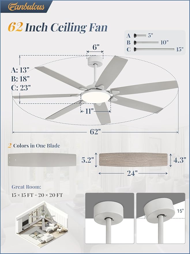Fanbulous 62 Inch Large Ceiling Fans with Lights and Remote, Grey Modern Ceiling Fan with 3CCT LED Light, Quiet DC Motor,Indoor/Outdoor Ceiling Fan with 7 Dual Finish Blades for Living Room, Patio