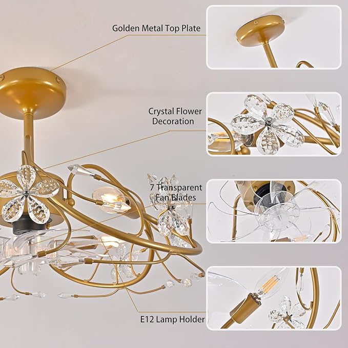 Ganeed 20.5“ Gold Crystal Fandelier Ceiling Fans with Lights, Crystal Diamond Flower Chandelier Ceiling Fan with Remote Control, Modern Caged Fandelier 6 Speeds for Girl's Bedroom, Living Room