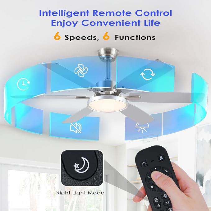 Hounberi 52 Inch Brushed Nickel Ceiling Fan with Light and Remote Control, Reversible DC Motor, Noiseless, Dimmable, 3CCT, 6 Speeds, Modern Ceiling Fan for Living Room, Bedroom, Indoor/Outdoor Use