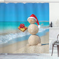 Ambesonne Christmas Shower Curtain, Sand Snowman with Santa Hat and Present Tropical Beach Australian Noel, Cloth Fabric Bathroom Decor Set with Hooks, 69" W x 75" L, Blue and Vermilion