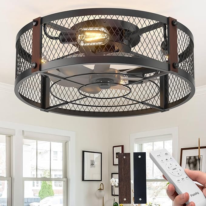 Passky 20" Farmhouse Flush Mount Ceiling Fans with Lights and Remote, Industrial Black Caged Low Profile Fandelier, 6 Speeds Bladeless Ceiling Fan for Bedroom, Kitchen, Living Room