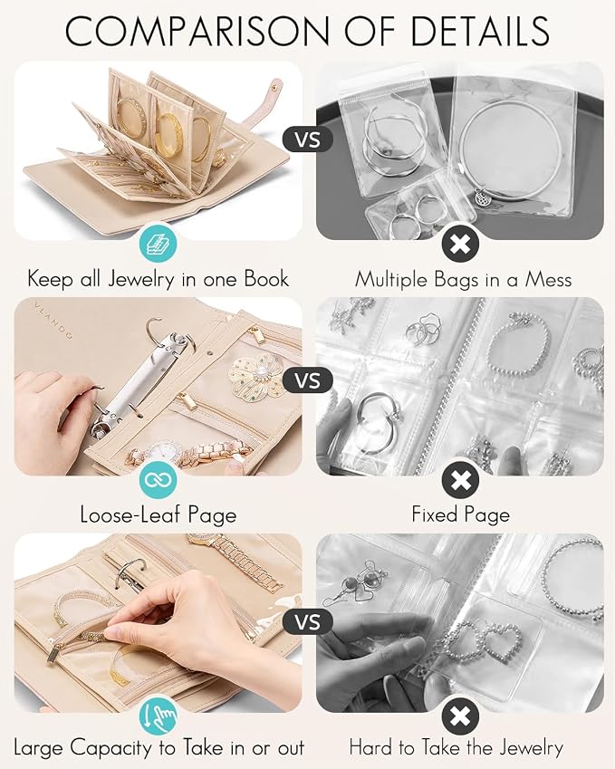 VLANDO Travel Jewelry Organizer Case,Jewelry Storage Book Ring Binder with Clear Zipper Velvet Pouch Bag for Travel Essentials,Rings,Necklace,Earrings,Bracelets,Brooches,Gifts for Women-Sand Pink