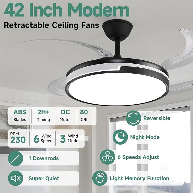 Retractable Ceiling Fans with Lights and Remote, 42'' Black and White Modern Fandelier Ceiling Fans Dimmable LED, Energy Efficient, Memory Function,Timer Setting Fan for Living Room Bedroom