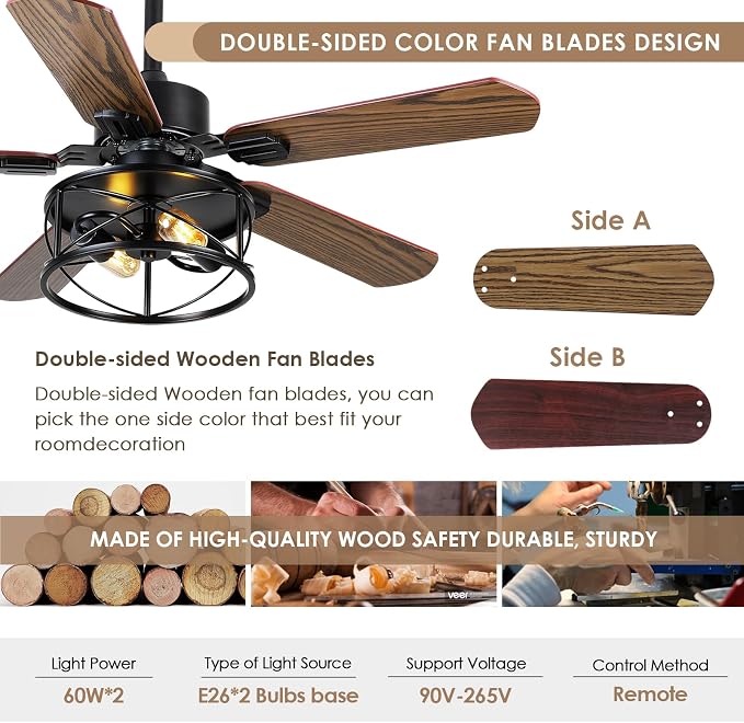 Hounberi 42 Inch Farmhouse Ceiling Fan with Light, Rustic Caged Ceiling Fans with Lights and Remote, Dual Finish 5 Blades, 6 Speeds, Reversible DC Motor, Vintage Rustic Ceiling Fans for Living Room