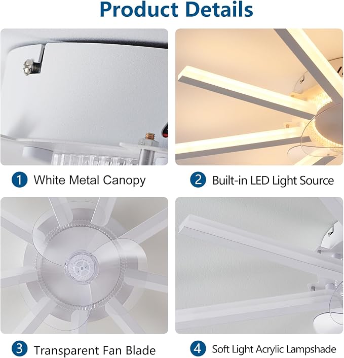 Modern LED Ceiling Fan with Light, 30" Low Profile Flush Mount Ceiling Fan with Remote & APP Control, Dimmable Smart Fandelier with 6 Speeds for Bedroom Living Room Dining Room (White)