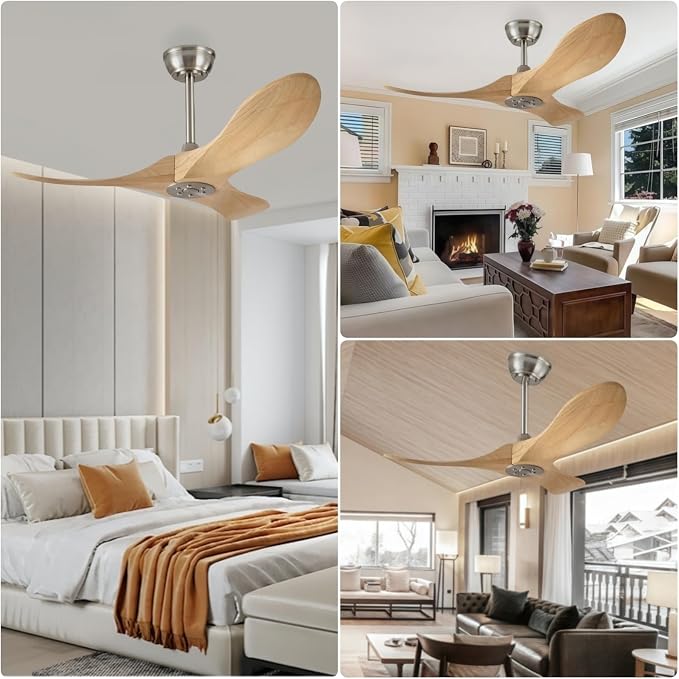 36 Inch Wooden Ceiling Fan Without Light With Remote Control, 3 solid wood fan blades Ceiling Fan for Indoor, Living Room, Dining Room, Bedroom, Terrace, Porch(Brushnickle+Natural Wood, 36 inch)