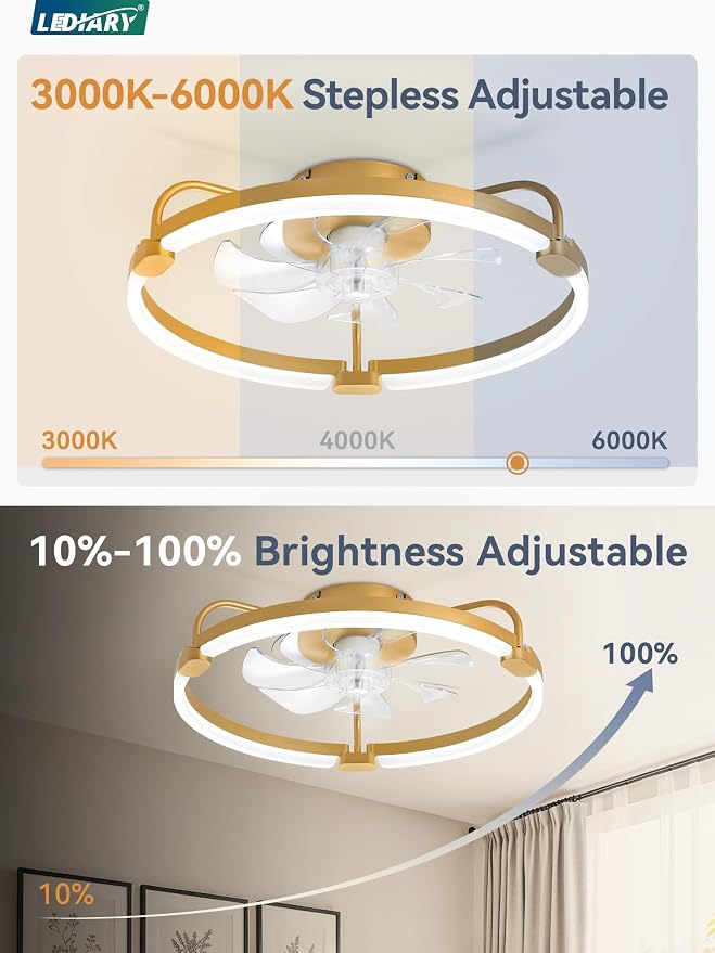 LEDIARY Ceiling Fans with Lights and Remote, 20'' Low Profile Ceiling Fan with Light, 3000-6000K Dimmable Fandelier LED Fan Light, 6 Wind Speeds, Gold Modern Flush Mount Ceiling Fan for Bedroom