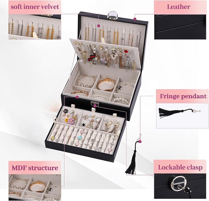 BOOVO Large Jewelry Boxes For Women (Black, 4 layer) | 4 Layers Jewelry Organizer Box With Cosmetic Storage Drawer, Necklace Ring Jewelry Organizer Box