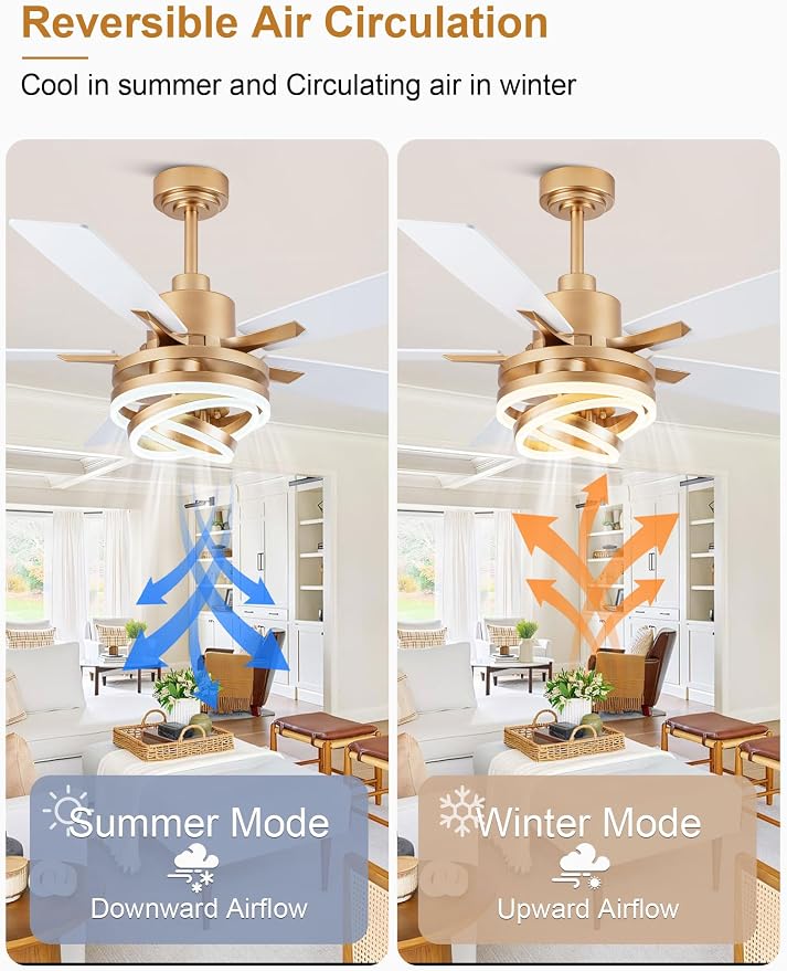52" White and Gold Modern Chandelier Fandelier Ceiling Fan with Light | DC motor, reversible, dimmable, 3 adjustable rings for DIY shape; recommended for bedroom, living room, and indoor use.