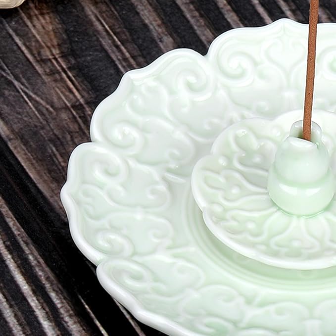 Incense Holder Ceramic Incense Burner Lotus Incense Holder for Sticks Incense Stick Holder Detachable Ash Catcher for Home Decor (Mint Cream)