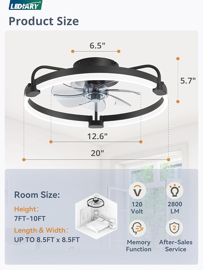LEDIARY 2 Pack Ceiling Fans with Lights and Remote, 20'' Low Profile Ceiling Fan with Light, 3000-6000K Dimmable Fandelier LED Fan Light, 6 Wind Speeds, Black Flush Mount Ceiling Fan for Bedroom