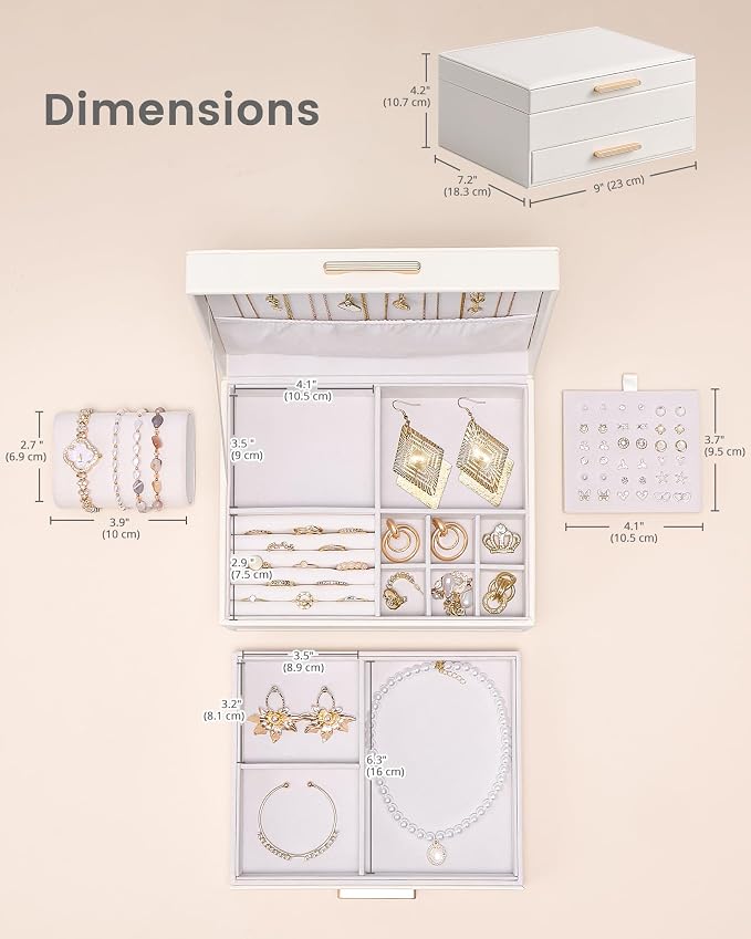 Lolalet 2-Layer Jewelry Box Organizer Holder for Women Girls Mom -Beige | Jewelry Storage Case with Drawers for Necklaces Ring Earrings Bracelet Watch, Gifts Choice for Mom Mother’s Day