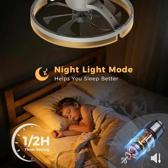 20 Inch Ceiling Fans with Lights and Remote, Flush Mount Low Profile Ceiling Fan with Light,3000K-6500K Dimmable,Modern LED Fandelier Ceiling Fan for Bedroom Living Room (White)