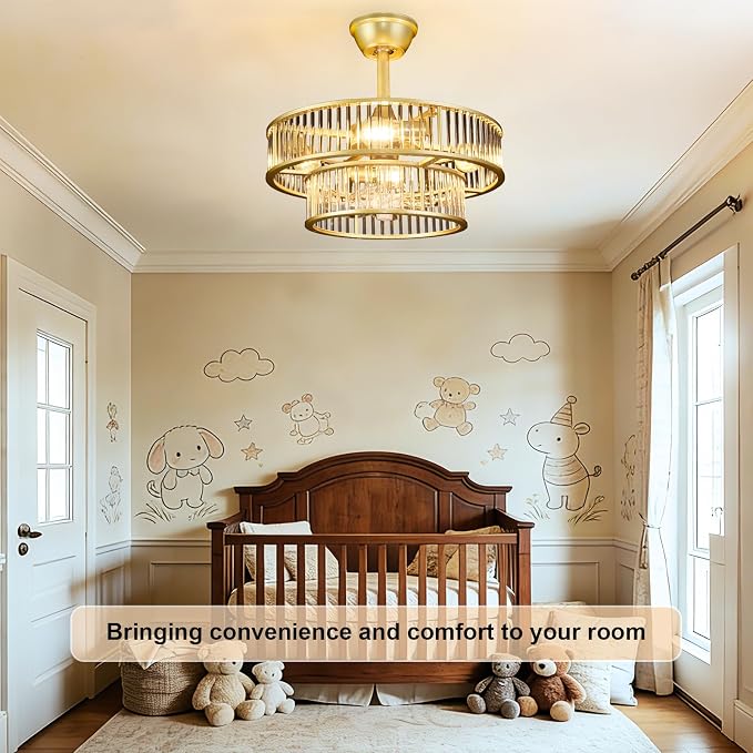 Depuley Bedroom Ceiling Fan with Lights: 20" Gold Chandelier Cagd Fan with Remote Control - Modern Crystal Fandelier for Girl's Bedroom Living Room Nursery (E26 Bulbs Not Included)