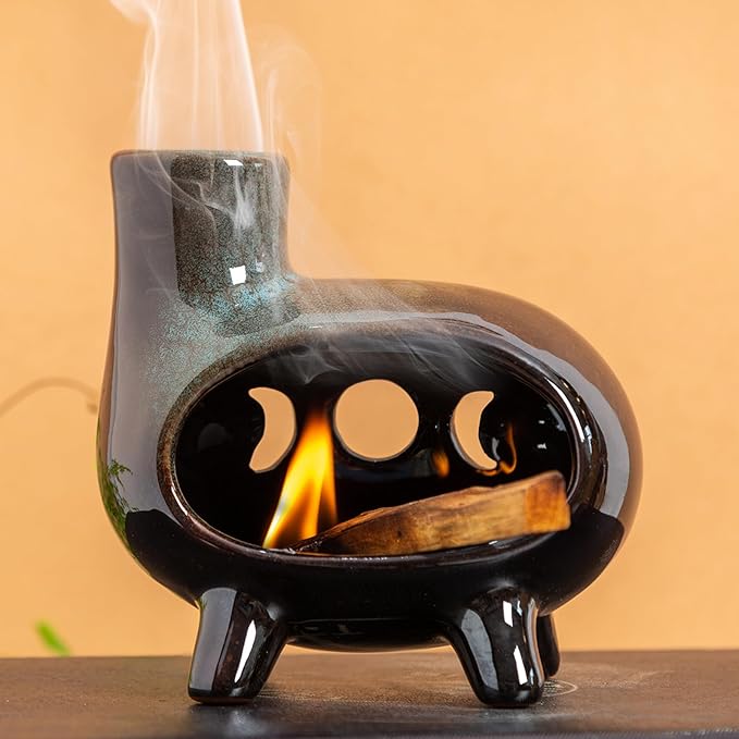 MOUGIGI Handcrafted Ceramic Palo Santo Holder Burner with Green Glaze - Modern Footed Pottery Incense Chimney Dish - Great for Meditation - Wood Sticks, Sage, Ash Catcher Bowl, Cone Compatible.