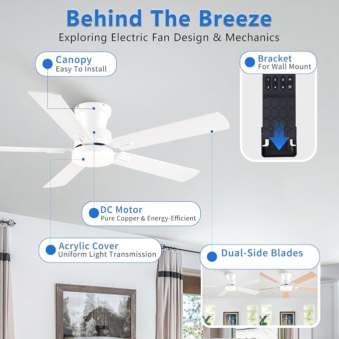 NKPU 52" Ceiling Fans with Lights, Low Profile Ceiling Fan with Light and Remote/APP Control, 6 Speed, Dimmable, Safe Quiet DC Motor, White Flush Mount Ceiling Fan for Bedroom Indoor/Outdoor Use